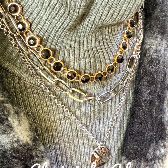 Silver and gold chunky chain layered necklace set - Picture 2 of 3